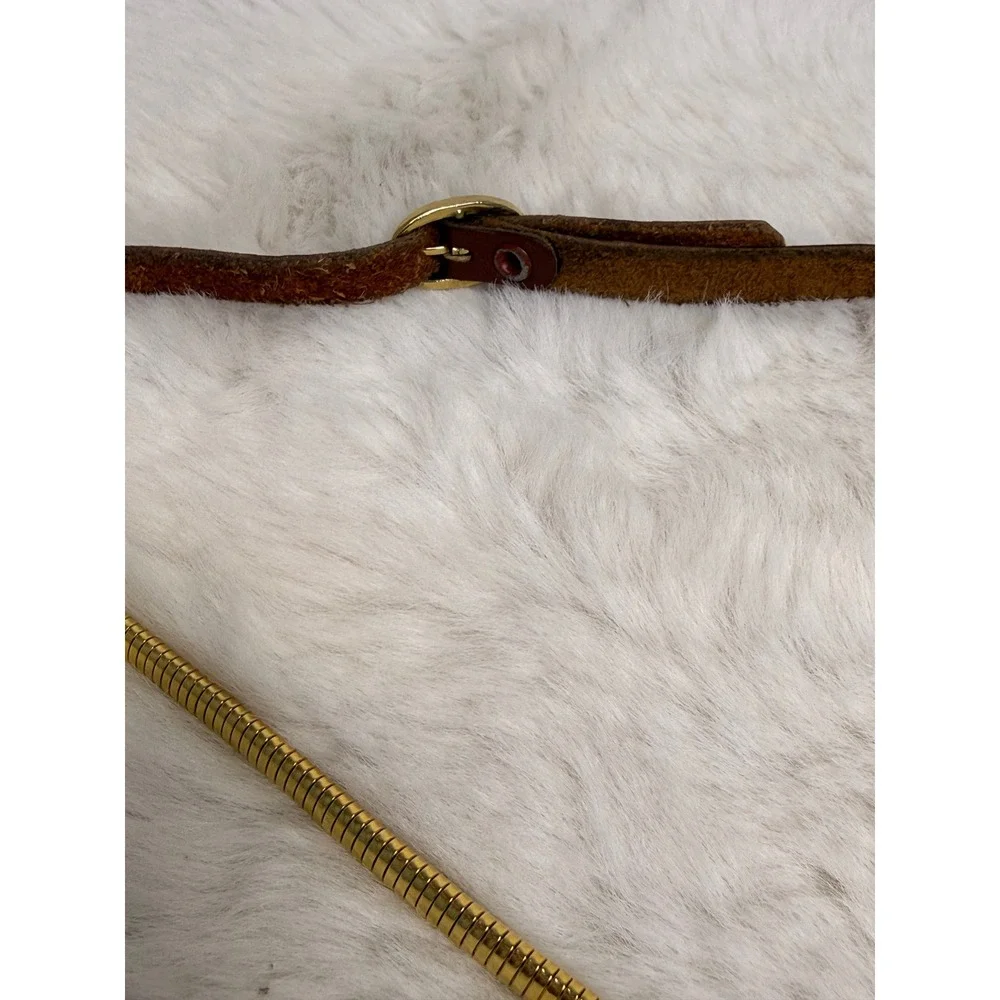Vintage 1970's Gold Tone Snake Chain Belt Brown Leather‎ Retro Skinny Metallic